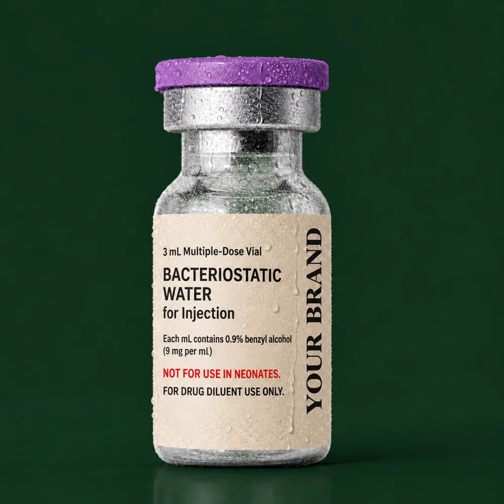 Bacteriostatic water vial with a custom private label reading Your Brand